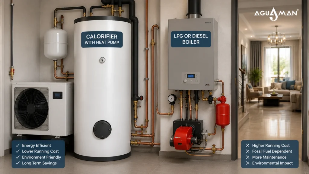calorifier with heat pump is better than an LPG or diesel boiler